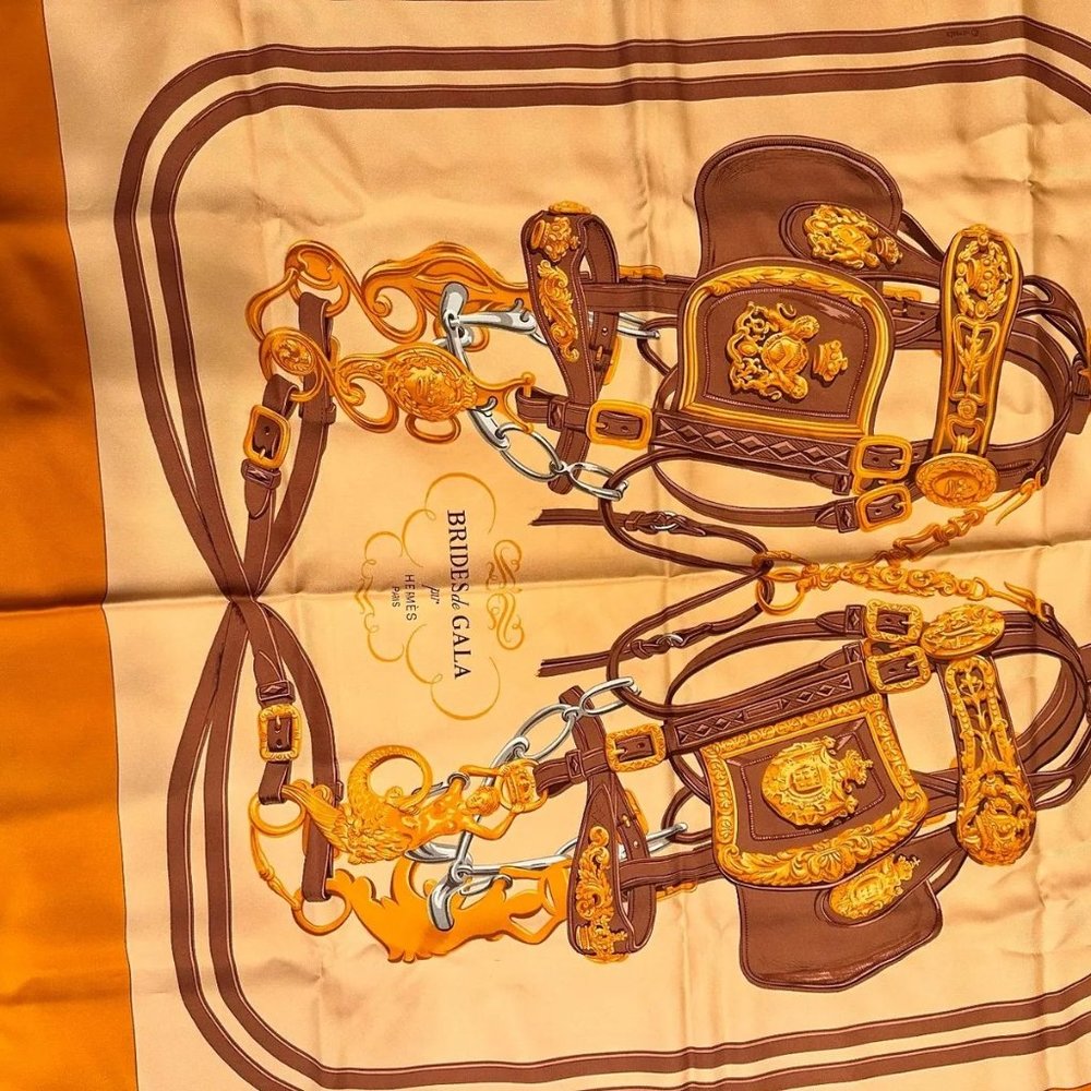 Authentic! Hermes Brides De Gala 90cm Orange Brown Silk Scarf - Picture 3 of 7